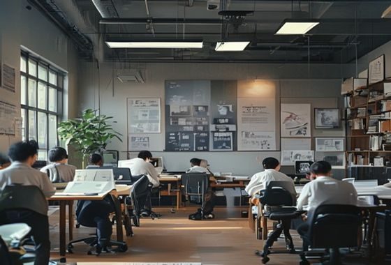 香港电影检查处办公室内景，工作人员审查影片材料，背景可见分级制度说明海报，体现香港三级片分级管理的官方机制