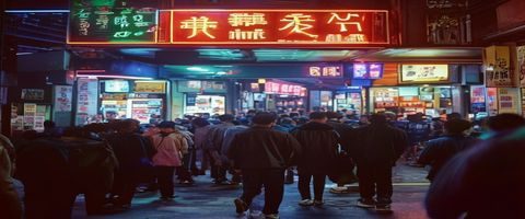 1990年代香港电影院外排队购票的市民，霓虹灯映照下的旺角街头，展现香港三级片黄金时代的大众文化热潮